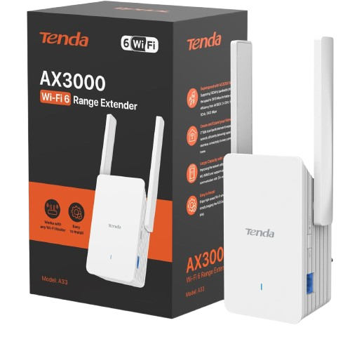 Tenda Répéteur WiFi 6 A33, Amplificateur WiFi AX3000 Mbps, Couvre jusqu'à 150 m², Compatible avec Les Routeurs, Mode AP, WPS, Voyant LED Intelligent